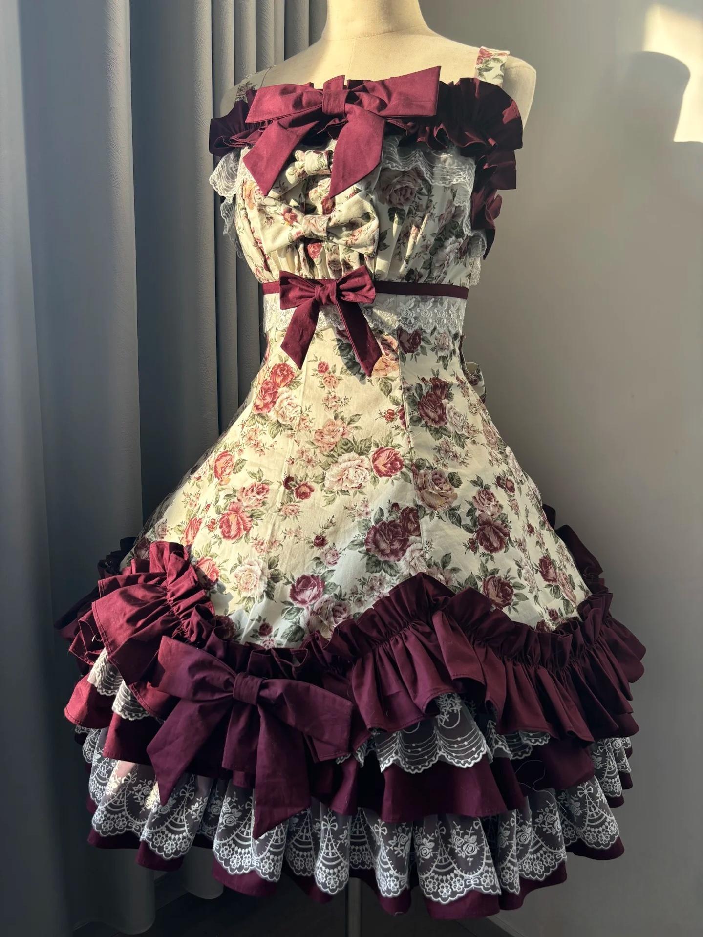 Burgundy Rose - Floral Printed Old School Lolita JSK, Elegant Cape and Accessories - image 22