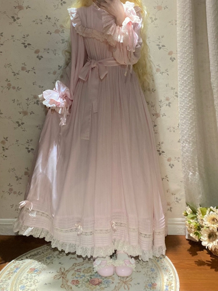 Pink Lace-Trim Long-Sleeve Lolita OP Dress with Ruffles - image 3