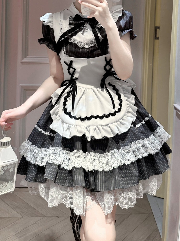 Gray Striped Lace OP Dress with Apron - image 1