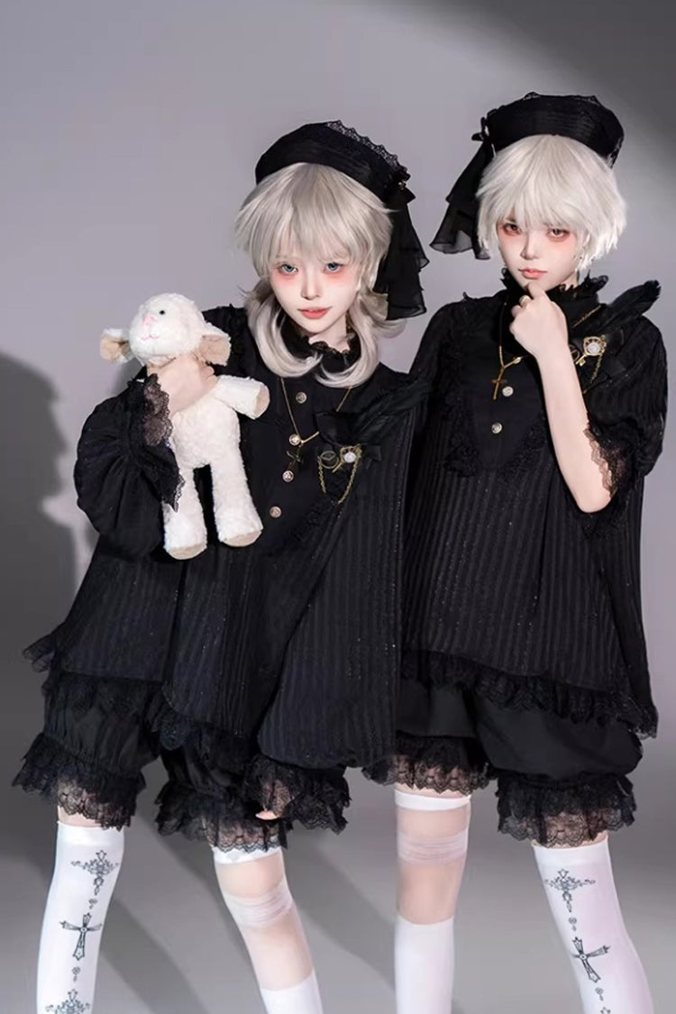 Black Gothic Ouji Lolita Top, Shorts and Scarf Set in 2 Sleeve Versions - image 4