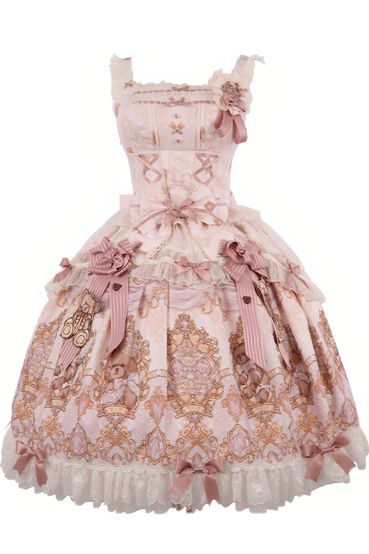 Antique Teddy Bear - Sleeveless Printed Bow Lace Sweet Elegant Lolita JSK Dress - image 3