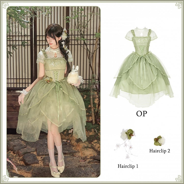 Green Orchid Chinoiserie Lolita OP Dress and Flower Hairclips Set - image 2