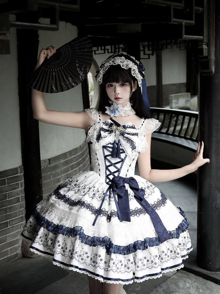 Blue and White Porcelain Corset Waist Lolita JSK Dress with Tassel Bows - image 8
