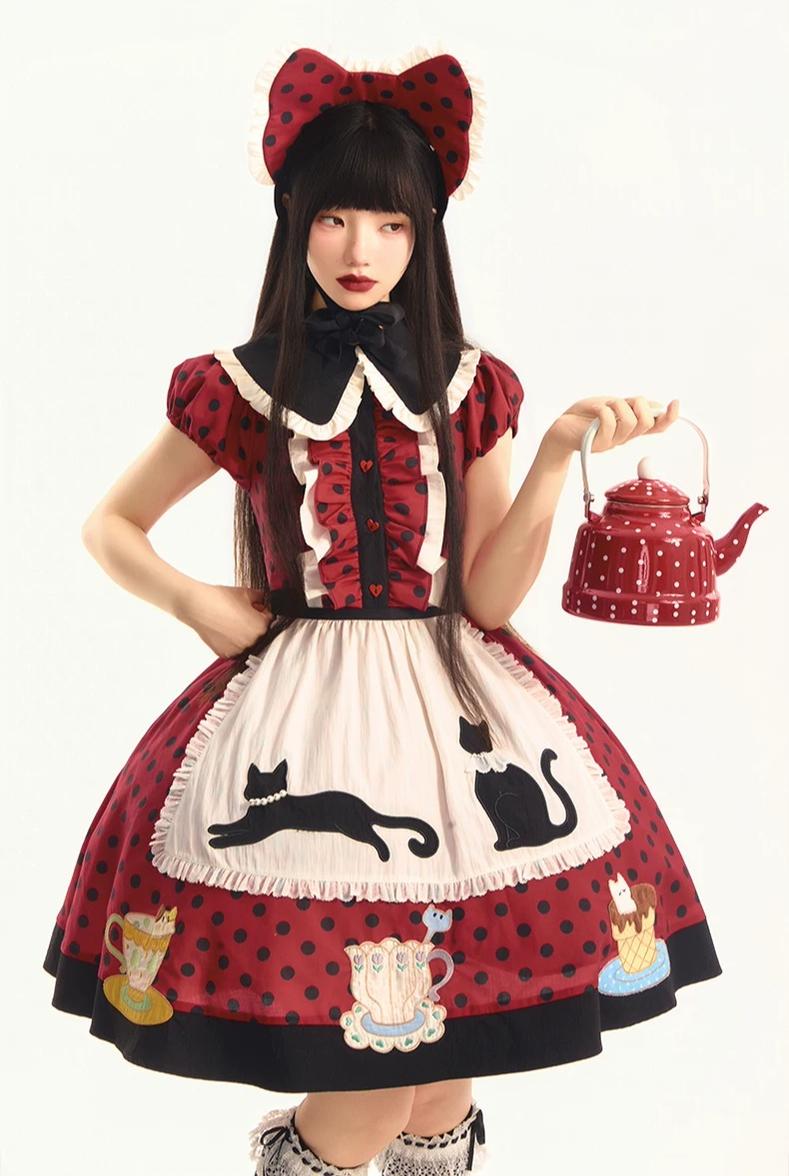 Teacup Meow - Old School Lolita Polka Dot OP Dress, Cat and Teacup Patch - image 6