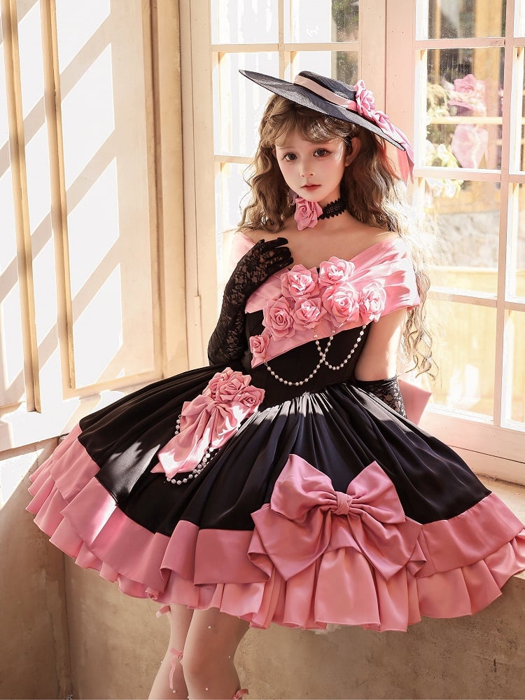 Pink and Black Roses Off-Shoulder Lolita Boned Dress, Choker and Hat Set - image 4