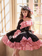 Pink and Black Roses Off-Shoulder Lolita Boned Dress, Choker and Hat Set - image 4