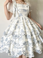 White and Blue Floral Embroidered Lolita JSK with Detachable Belt - image 9