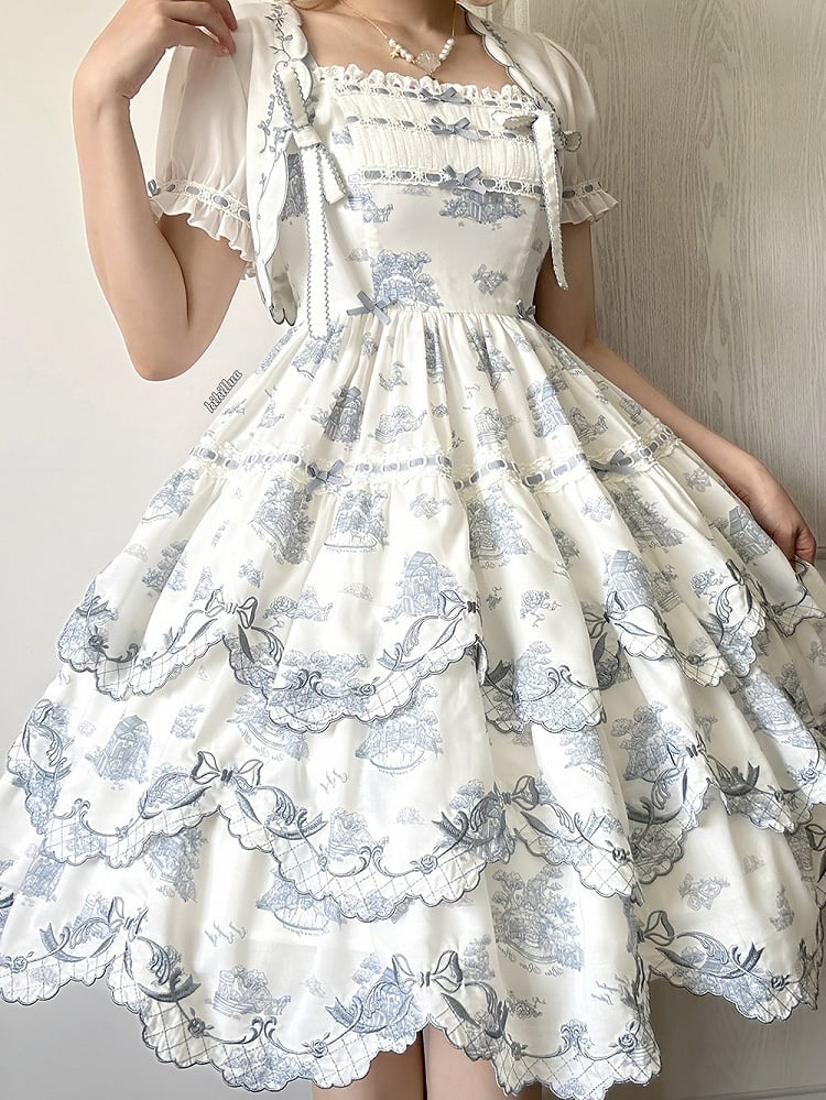 White and Blue Floral Embroidered Lolita JSK with Detachable Belt - image 9