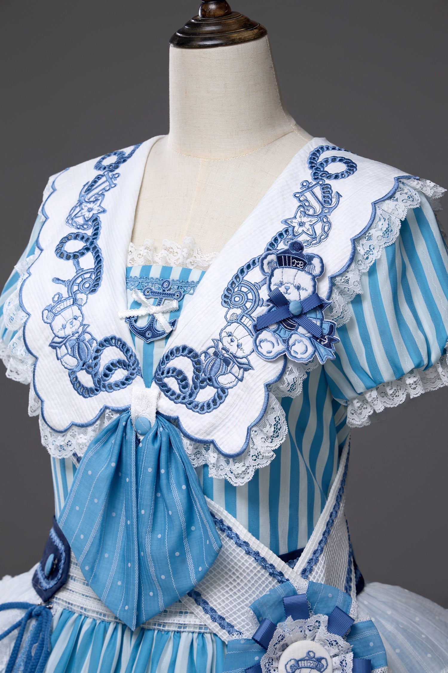 Antique Sailor Bear Blue Stripe Low Waist Lolita OP Dress - image 17