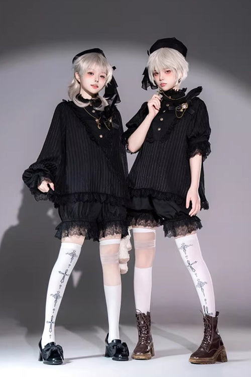 Black Gothic Ouji Lolita Top, Shorts and Scarf Set in 2 Sleeve Versions - image 1