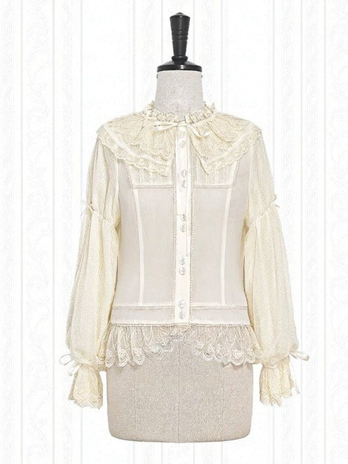 Beige Lace-Trim Blouse with Bow Accents - Stars Fall on the Foggy Island - image 1
