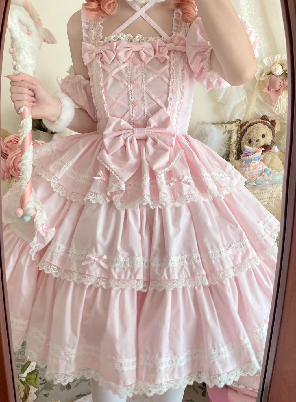 Rose Romance - Pink Sweet Lolita JSK Dress, Tiered Hem - image 4