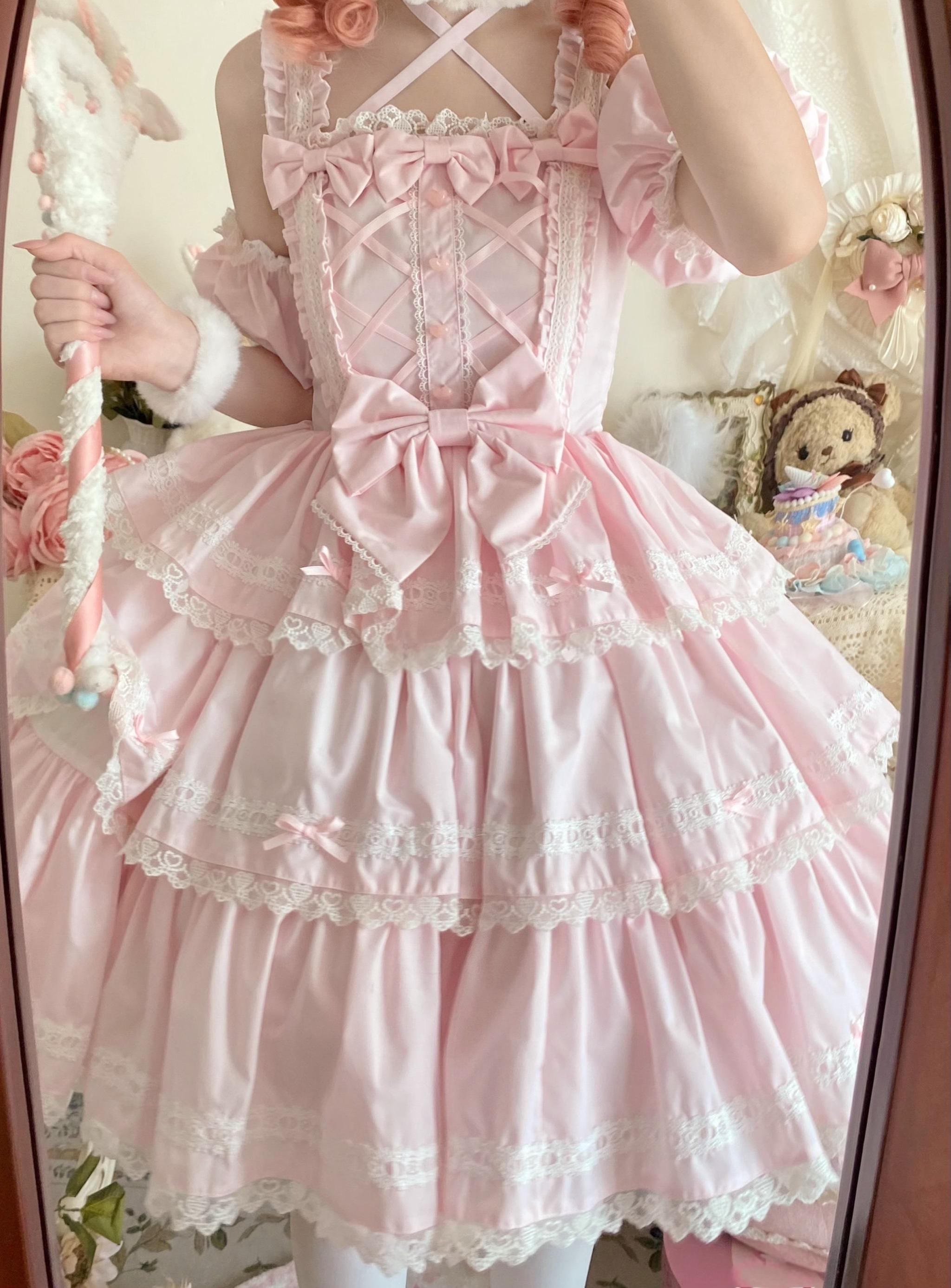 Rose Romance - Pink Sweet Lolita JSK Dress, Tiered Hem - image 4
