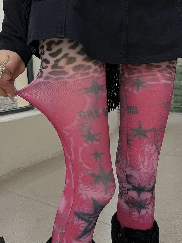 Red Star Leopard Print Lace Trim Tights - Kawaii Cute Legwear - image 1