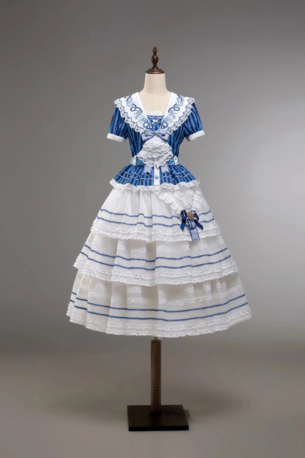 Antique Sailor Bear Blue Stripe Cropped Top Long Skirt Lolita Set - image 10