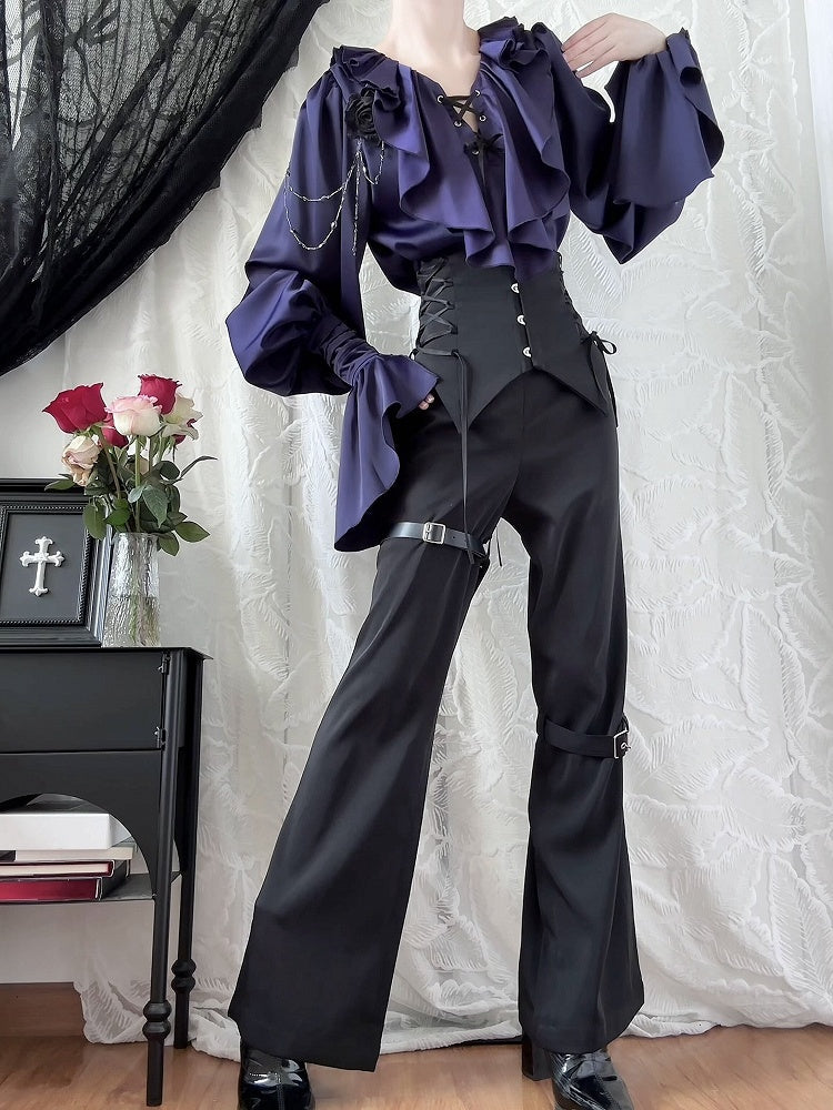 Lilac Lace-Up Ruffle Shirt with Black Flower Chains - Shi Zhi Mao - image 7