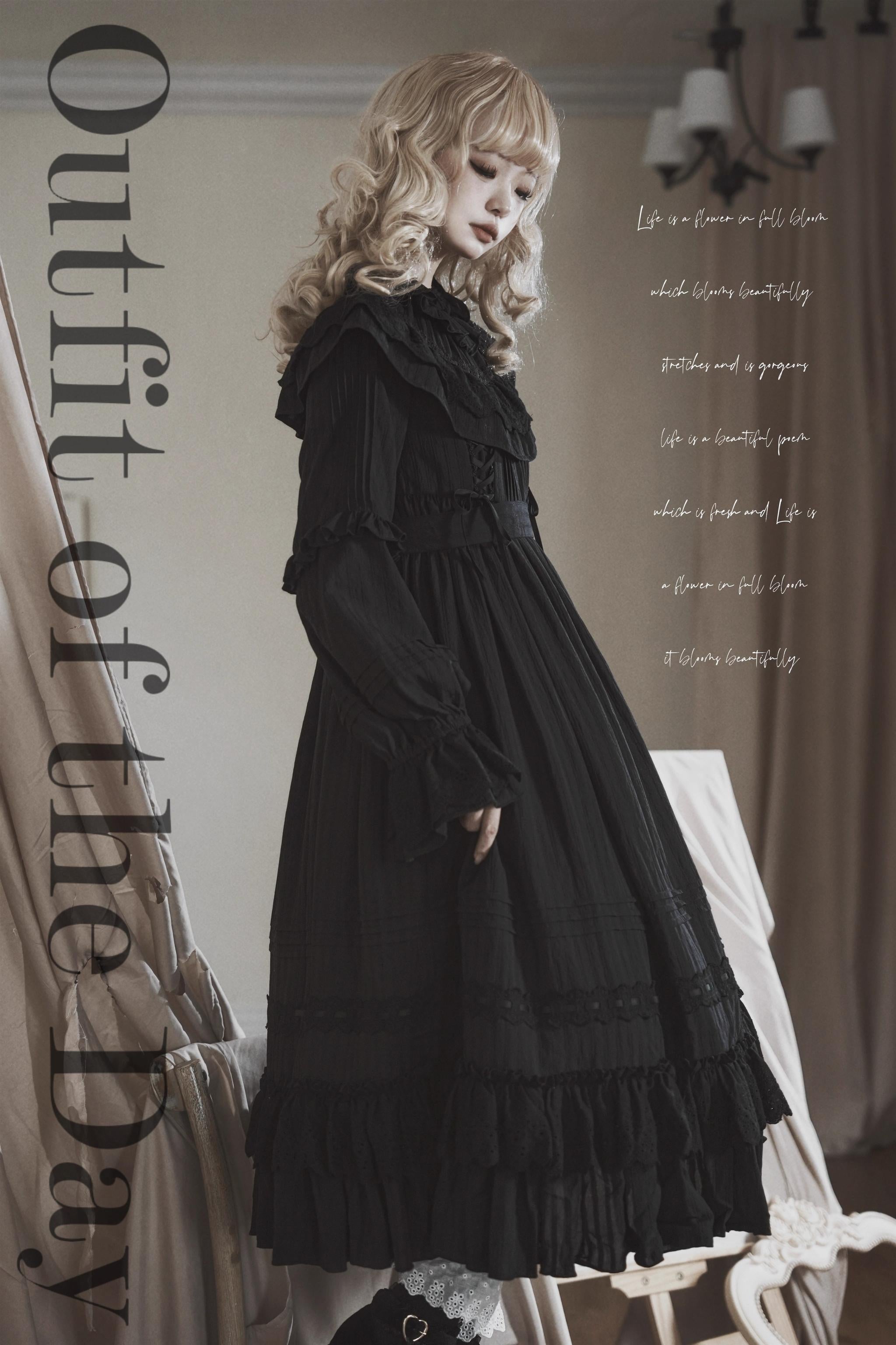 Goodnight Black Gothic Lolita OP Dress with Round Cape Collar - image 4