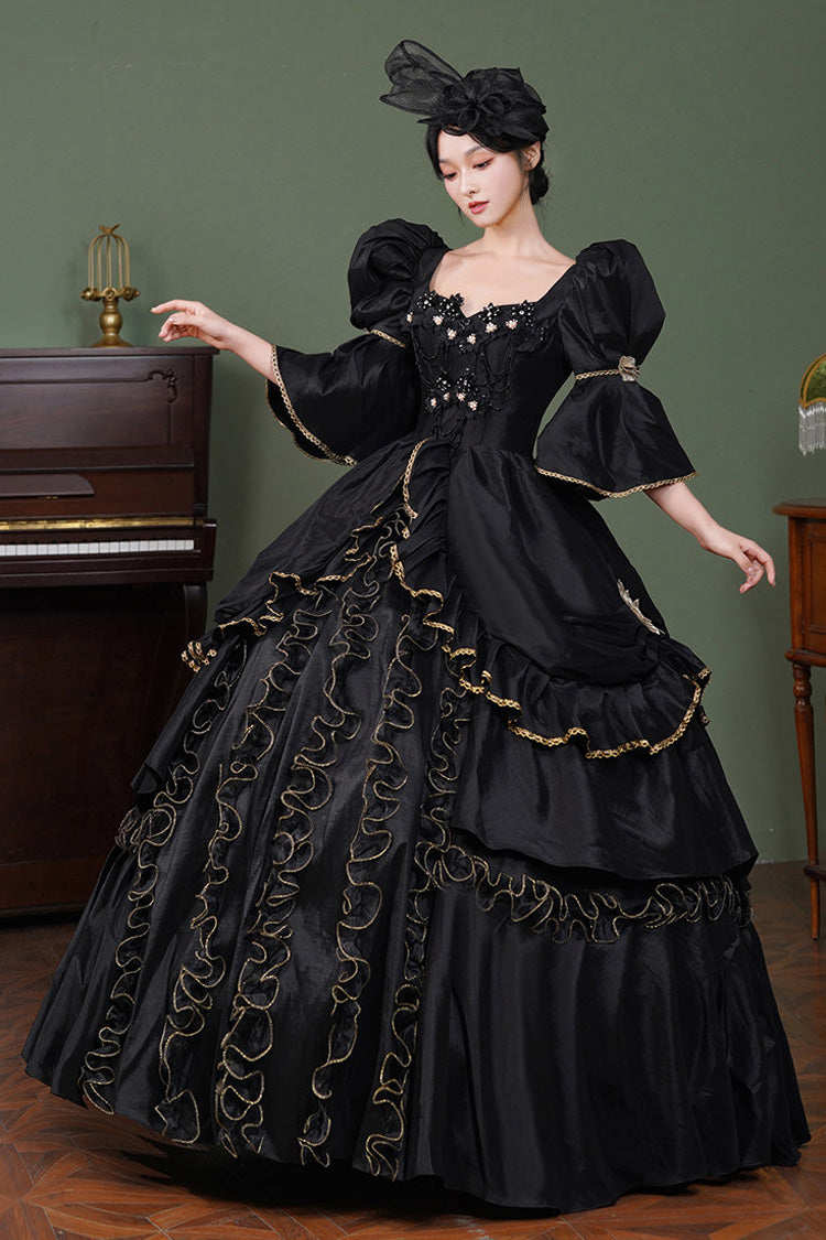 Black Gothic Victorian Lolita OP Dress with Trumpet Sleeves - image 4