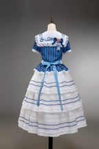 Antique Sailor Bear Blue Stripe Cropped Top Long Skirt Lolita Set - image 15