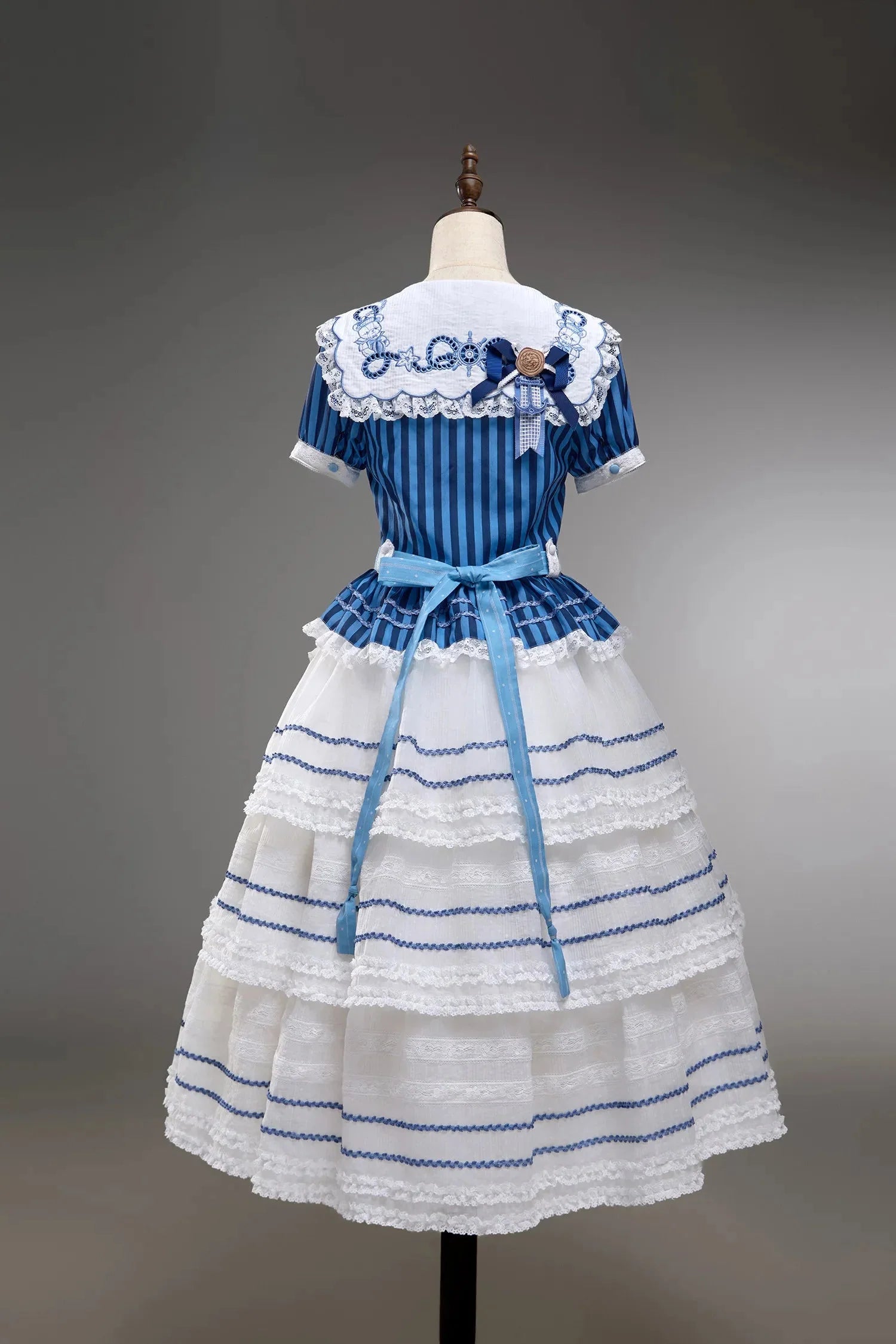 Antique Sailor Bear Blue Stripe Cropped Top Long Skirt Lolita Set - image 15