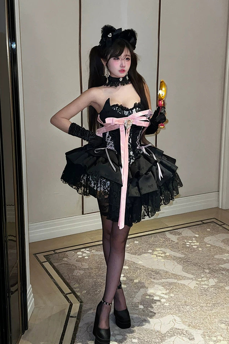 Kitten Sweetheart - Multi-Layered Ruffled Bow Lace-Up Princess Ballet Gothic Lolita JSK Dress - image 6
