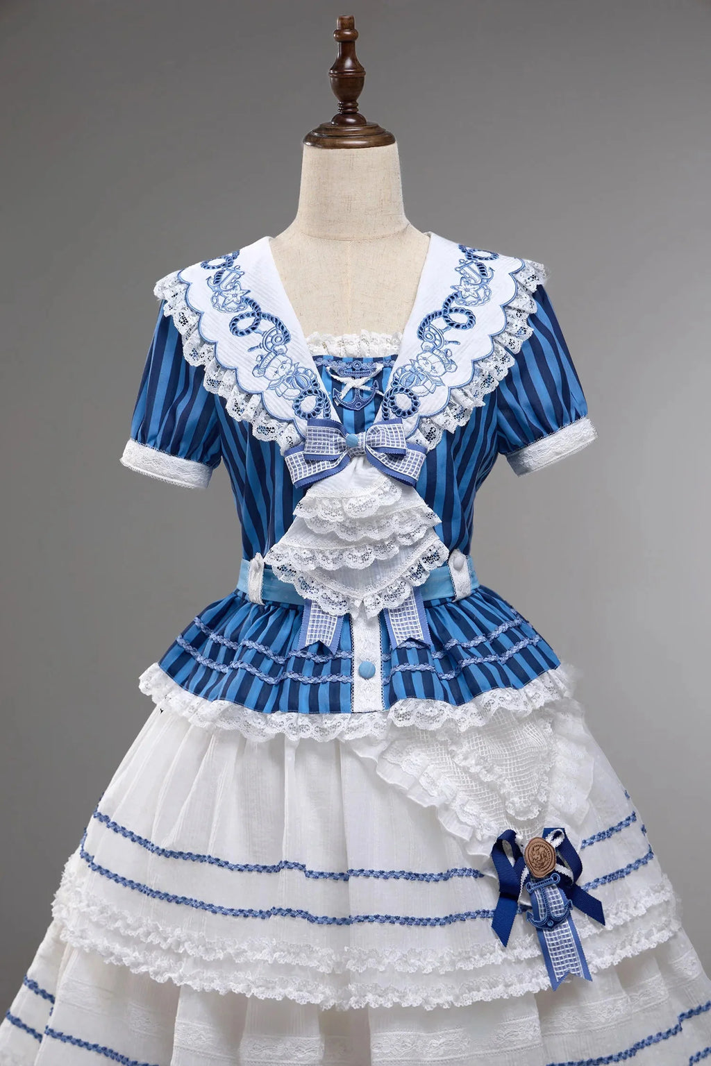 Antique Sailor Bear Blue Stripe Cropped Top Long Skirt Lolita Set - image 11