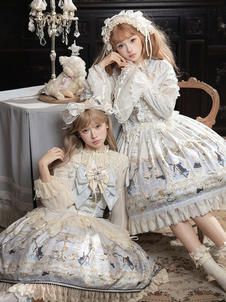 Azure Rabbit-Print Bow JSK with Lace Blouse - image 9