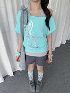 Mint Two-Piece Off-Shoulder Tee with Key Graphic - Solkatt - image 1