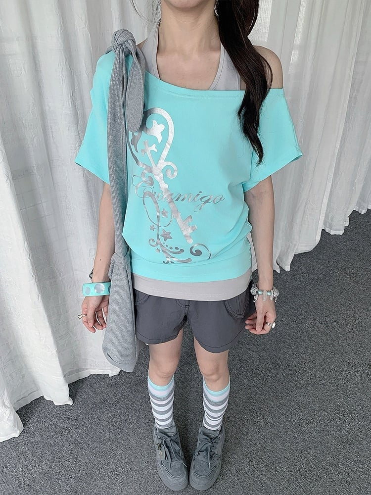 Mint Two-Piece Off-Shoulder Tee with Key Graphic - Solkatt - image 1