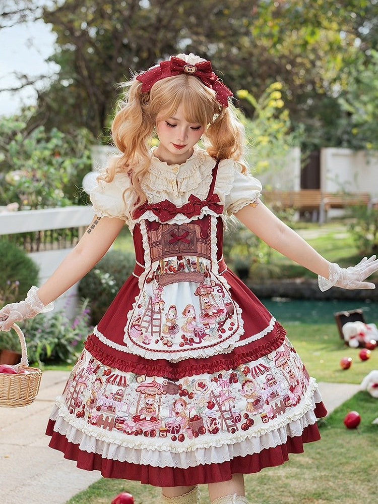 Red Fruit-Print Sweet Lolita JSK with Lace Trim - image 5