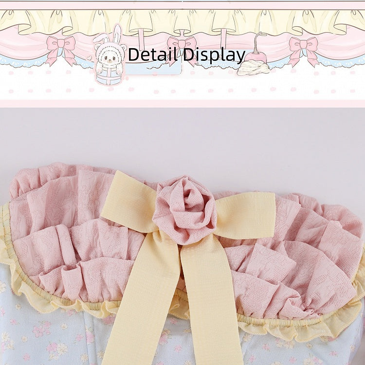 Blue and Pink Floral Strapless Dress with Bow - image 3