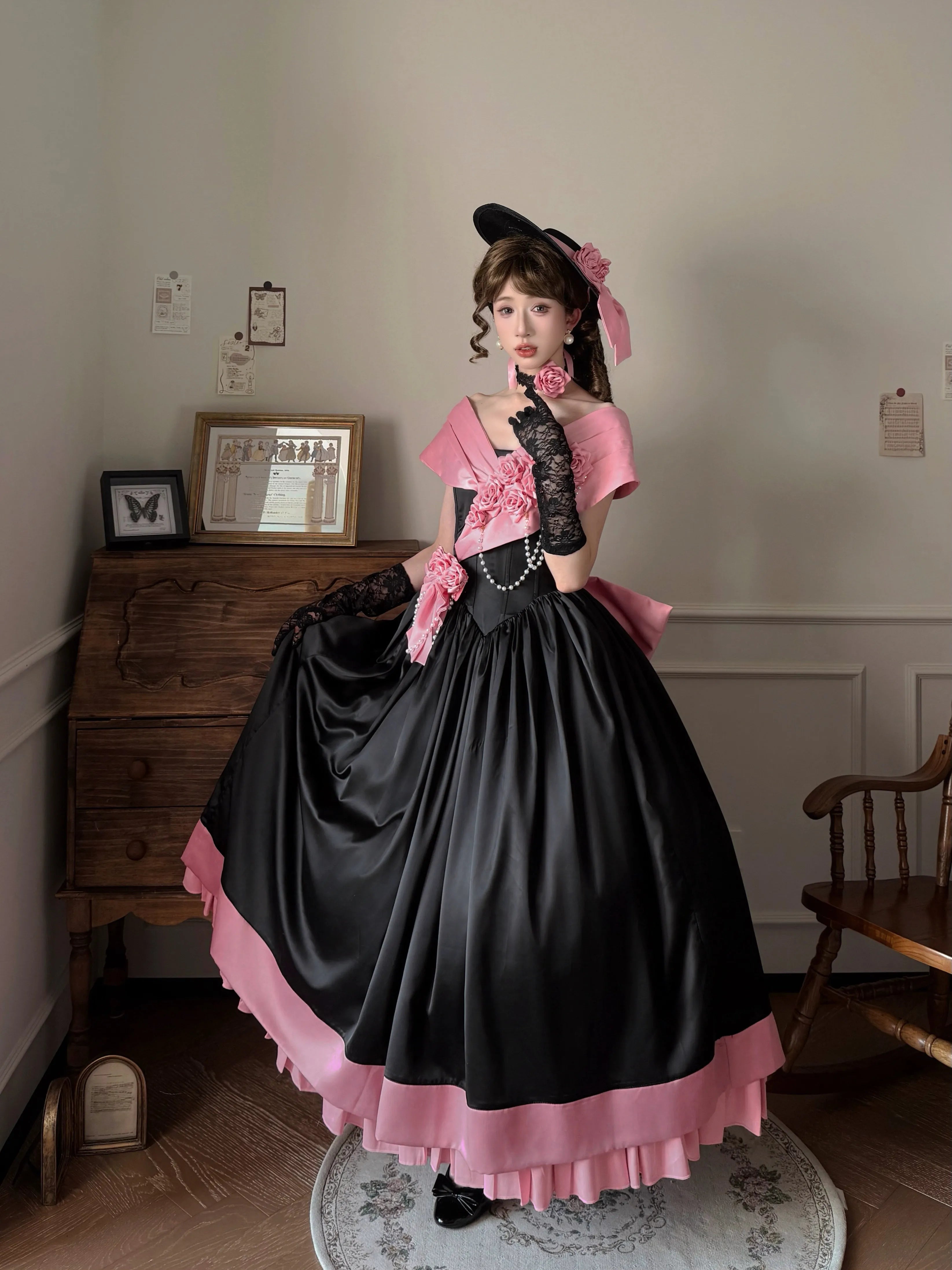 Rose 3D Floral Pearl Gothic Lolita Ball Gown OP Dress - image 7