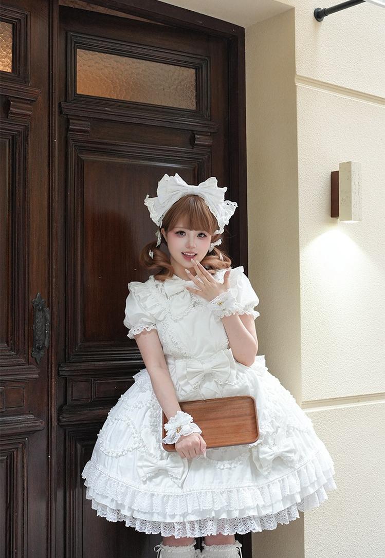 Creamy Sweet Bunny - Cotton Old School Lolita Bunny Ear OP Dress with Bows and Accessories - image 12