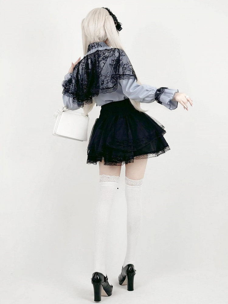 Midnight Blue Lace-Cape Blouse with Long Sleeves - AMAHAKAWA - image 2
