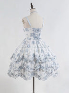 White and Blue Floral Embroidered Lolita JSK with Detachable Belt - image 3