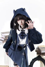 Indigo Shadow Journey - Stand Collar Long Sleeves Embroidered Hooded Asymmetric Punk Ouji Lolita Dress Four-Piece Set - image 14
