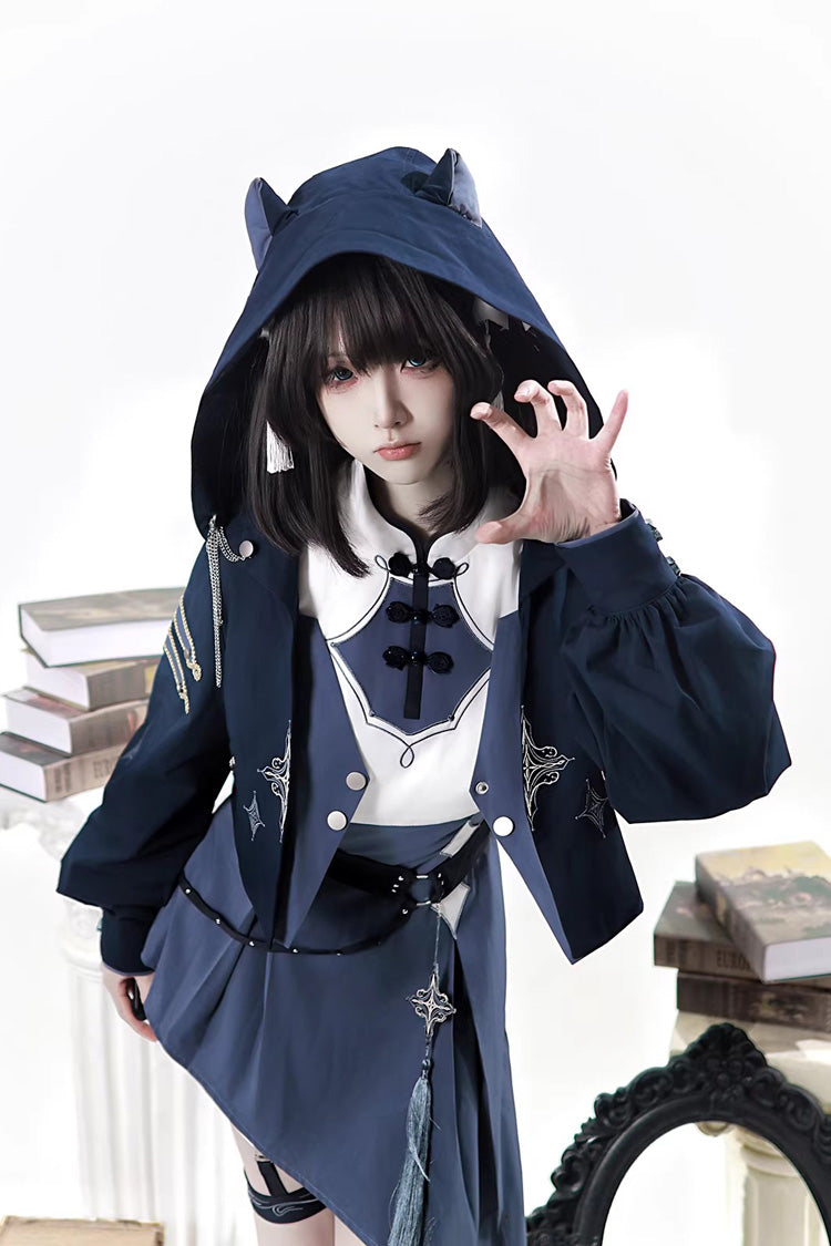 Indigo Shadow Journey - Stand Collar Long Sleeves Embroidered Hooded Asymmetric Punk Ouji Lolita Dress Four-Piece Set - image 14