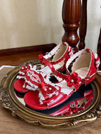 Red Lolita Bow Flower Lace-Trim Low-Heel Sandals with Back Bows - image 2