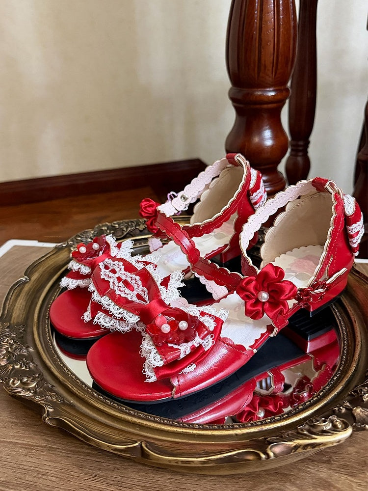 Red Lolita Bow Flower Lace-Trim Low-Heel Sandals with Back Bows - image 2