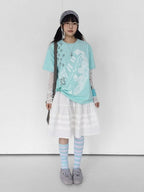 Mint Green Crew Neck Tee with Distressed Print - innomoood - image 4