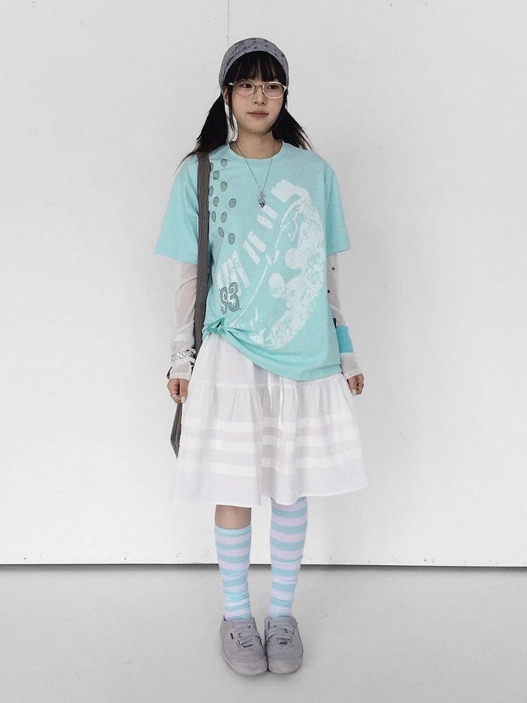 Mint Green Crew Neck Tee with Distressed Print - innomoood - image 4