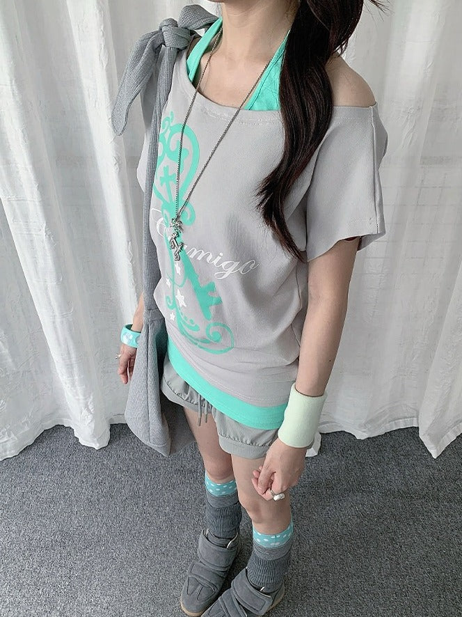 Slate Two-Piece Off-Shoulder Tee with Key Print - Solkatt - image 2