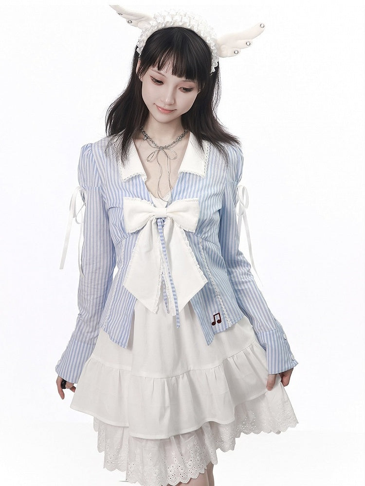Sky Blue Embroidered Stripe Blouse with Lace Collar and Music Motif - PINK SAVIOR - image 6