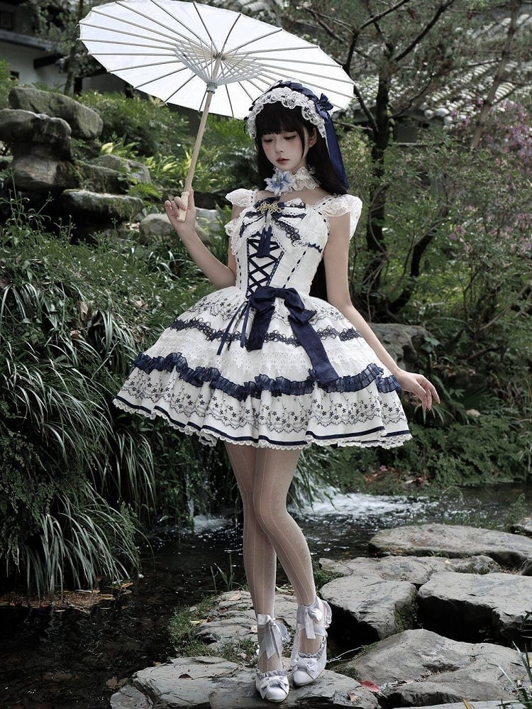 Blue and White Porcelain Corset Waist Lolita JSK Dress with Tassel Bows - image 3