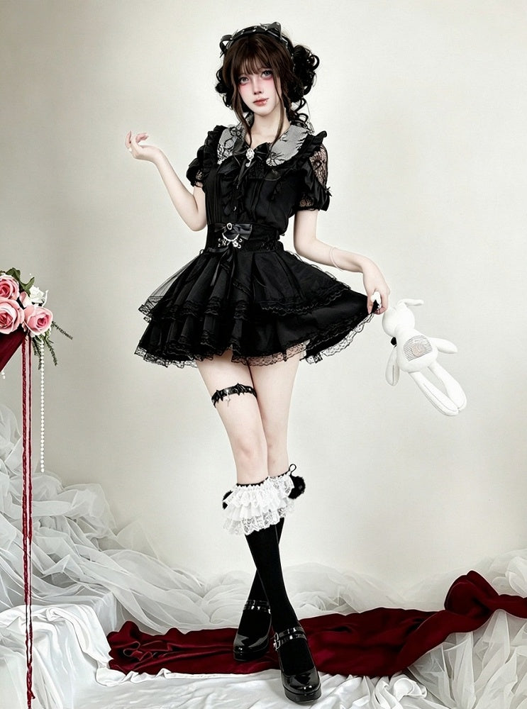 Midnight Lace-Shoulder Ruffle Blouse with Cutout Accents - AMAHAKAWA - image 6