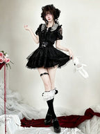 Midnight Lace-Shoulder Ruffle Blouse with Cutout Accents - AMAHAKAWA - image 6