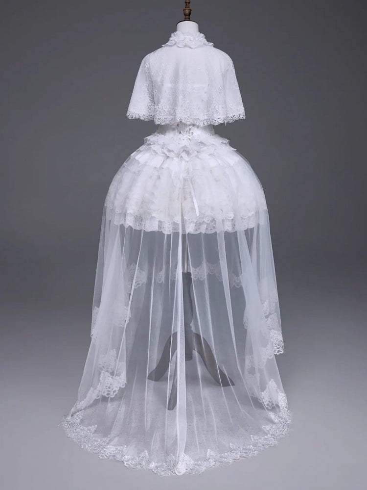 White Hime Lolita Elegant JSK Dress Cape Brooch and High-Low Overlay Set - image 2