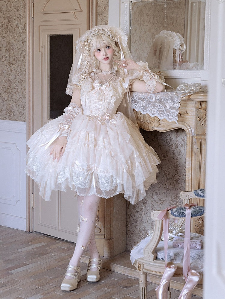 Champagne Illusion Neckline Princess Lolita JSK Dress Full Set - image 10