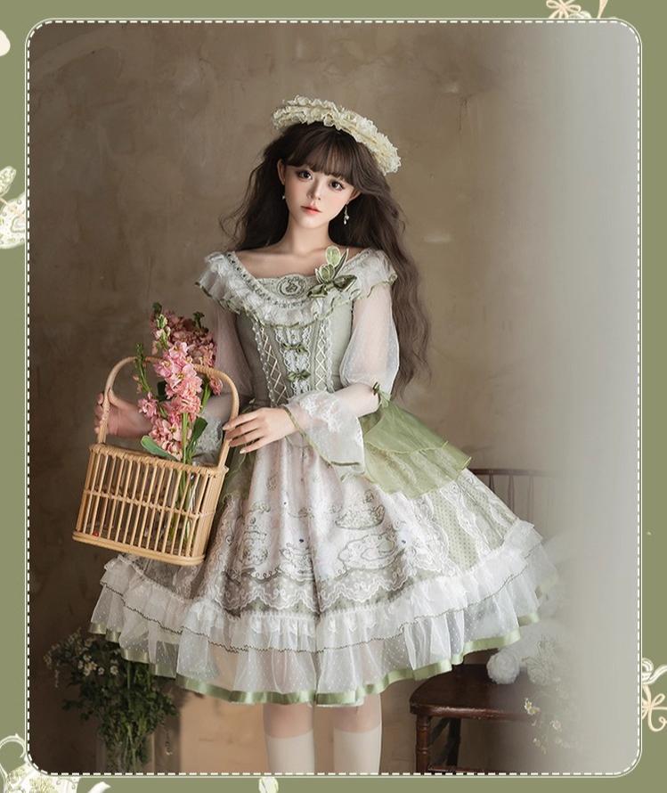 Teacup Bunny - Classic Lolita OP Dress, Fresh Green Floral Print and Accessories - image 11