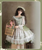 Teacup Bunny - Classic Lolita OP Dress, Fresh Green Floral Print and Accessories - image 11